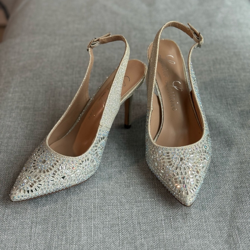 Lauren Lorraine Silver Sparkly Slingback Heels